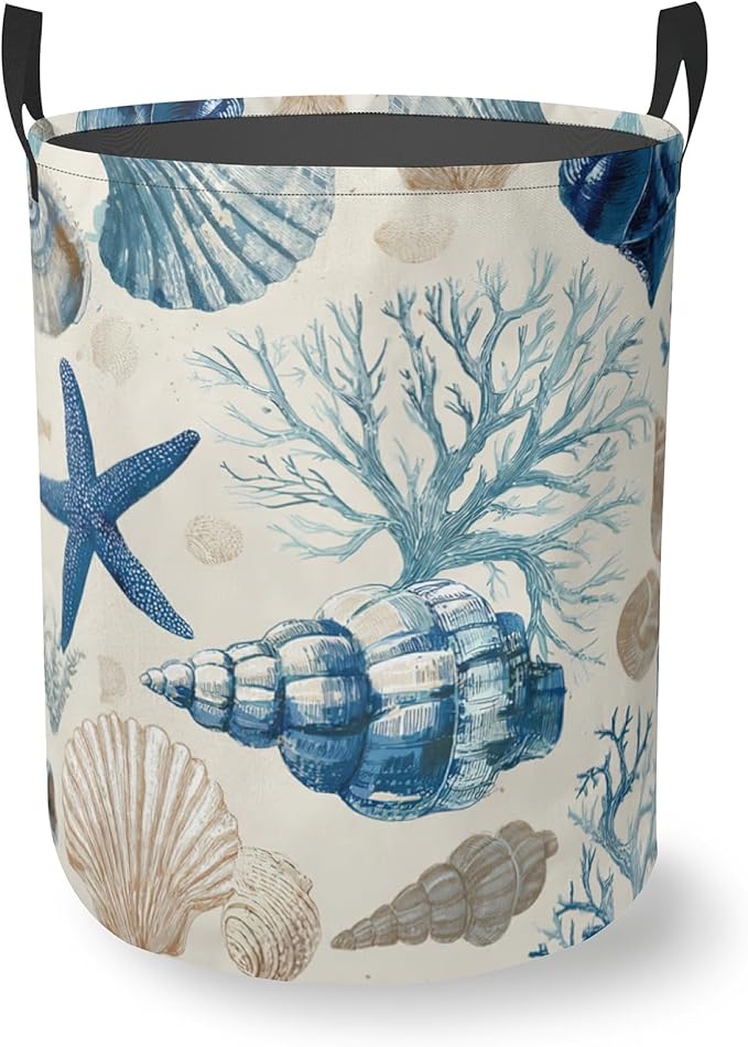 Laundry Basket With Handle, Dirty Clothes Laundry Hamper, Oxford Cloth Bin Storage Organizer for Toy Collection (Starfish Shells Summer)