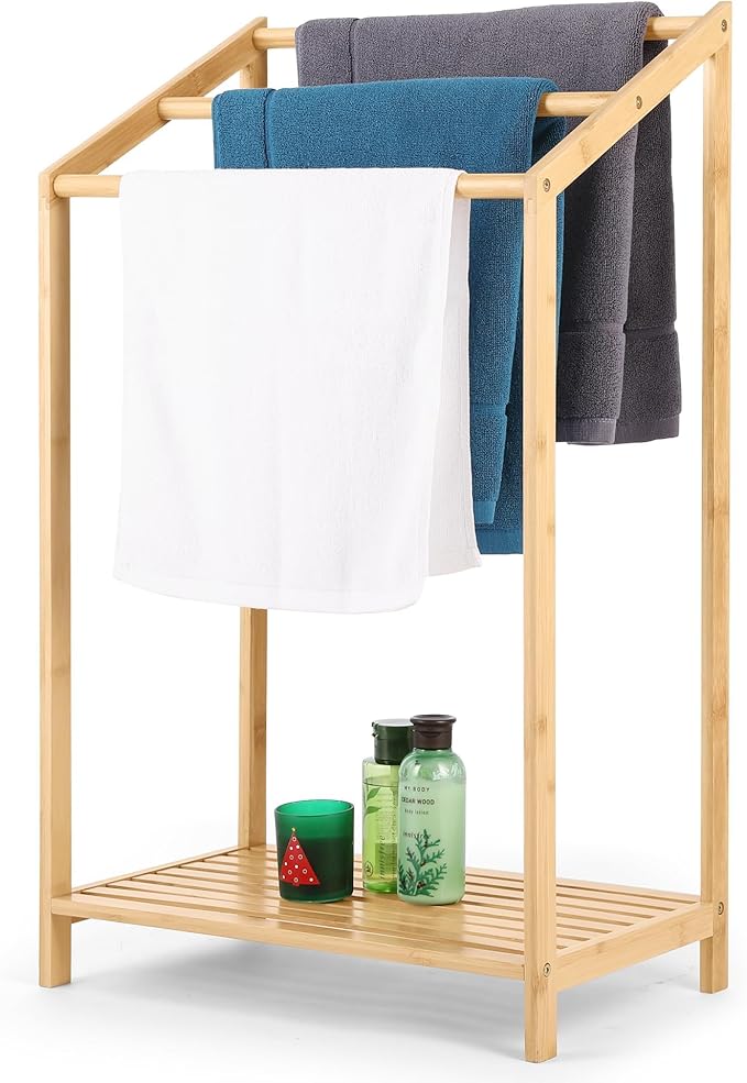 Bamboo Towel Rack Stand, Hand Towels Stand Holder, Freestanding Blanket Rack with Bottom Storage Shelf for Bathroom, Bedroom, Laundry Room