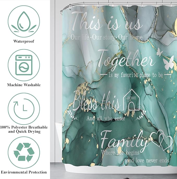 juwute 4Pcs Family Marble Shower Curtain Sets with Rugs,Green Home Inspirational Bathroom Decor Set, Bathroom Sets with Shower Curtain and Rugs, Waterproof Bathroom Shower Curtains, with 12 Hooks