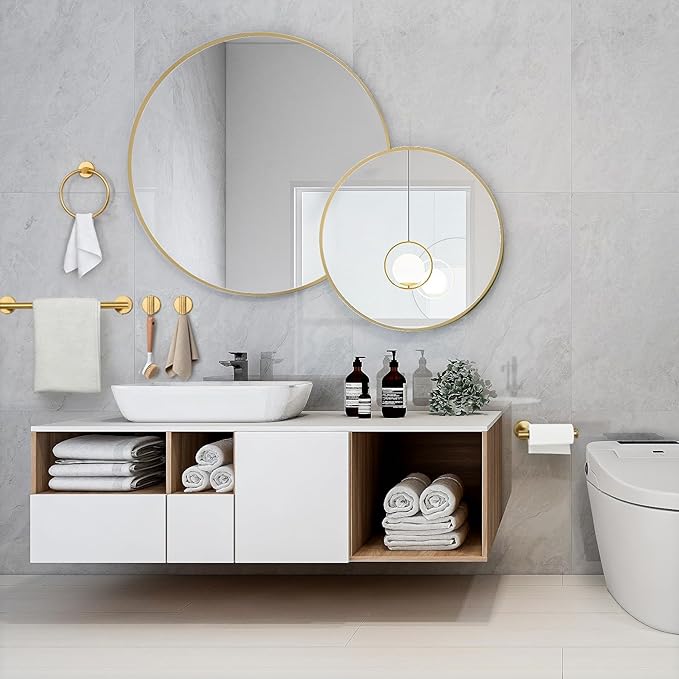 7Pcs Brushed Gold Bathroom Hardware Set - SUS Towel Racks for Bathroom Wall Mounted, Modern Accessories Includes 15.7 Inch Towel Bar & Ring, Toilet Paper Holders, Robe Hook - Need Drilling