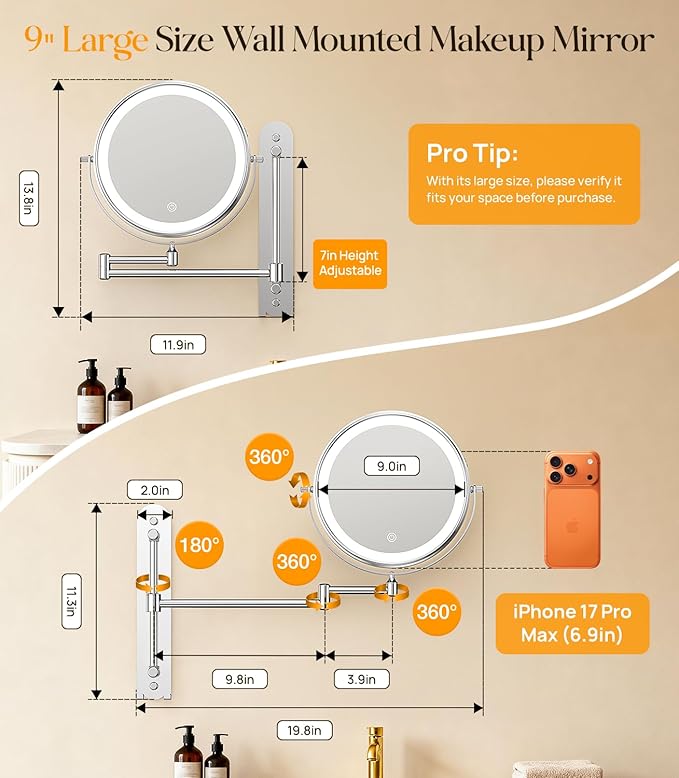 Gospire 9” Wall Mounted Makeup Mirror with Magnification 10X, 7in Height Adjustable Vanity Lighted Mirrors for Bathroom Wall, 360° Extended Arm Shaving Wall Mirror with Lights - Chrome