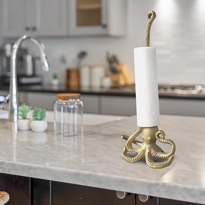 WallCharmers Gold Paper Towel Holder, Metal Toilet or Kitchen Paper Holder for Floor or Countertop, Gold Octopus