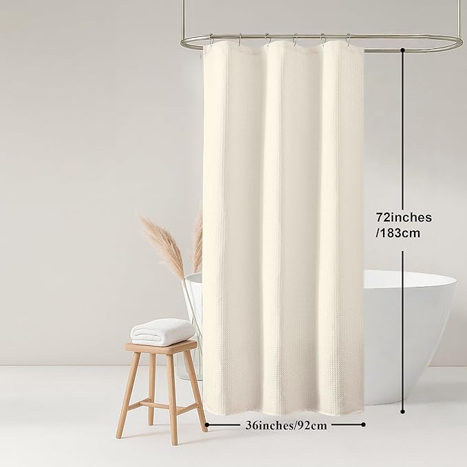 OWENIE Cream Shower Curtain, Stall Small Waffle Weave Heavy Fabric Shower Curtains for Narrow Size Bathroom, Waterproof Soft Hotel Spa Luxury Bath Curtain Set, Machine Washable, Cream, 36x72 Inch