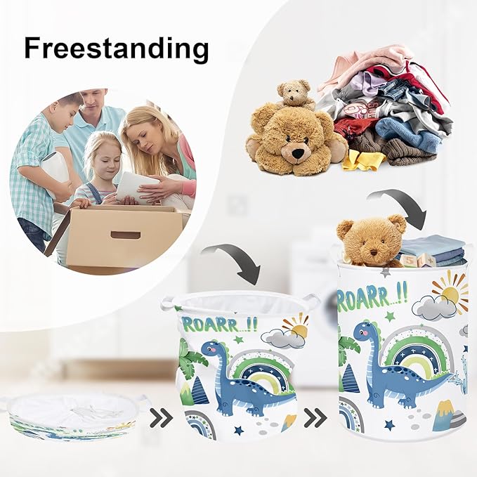 Dinosaur Laundry Hamper Large Storage Basket Cartoon Dino Collapsible Parents Organizer Kids Toy Clothes Bins for Bedroom, Bathroom, Palms, 63L