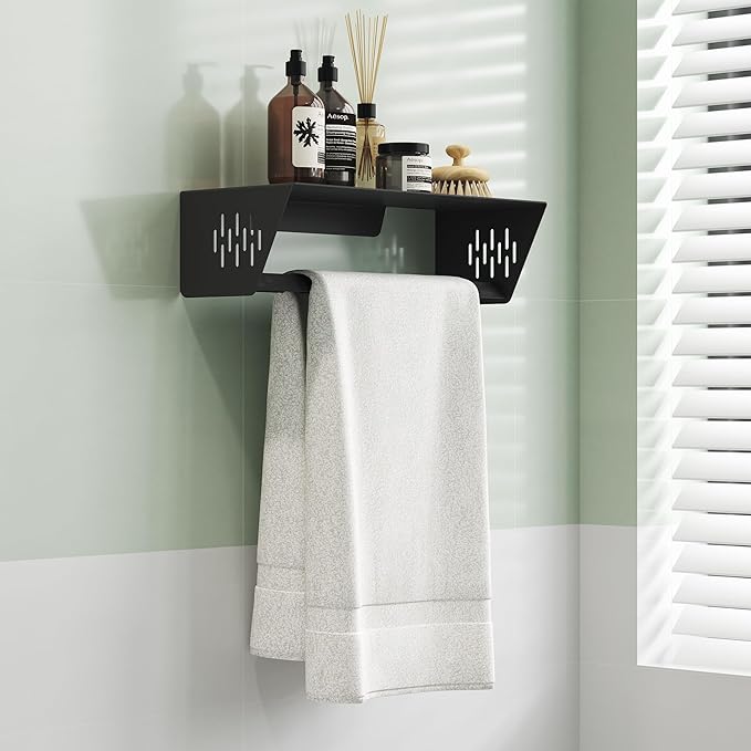 Qeke Bathroom Lavatory Towel Rack, Wall Mount Towel Holder Towel Hanger Shelf with Towel Bar, SUS 304 Stainless Steel Towel Rack for Bathroom and Lavatory, Matte Black, 14 Inch