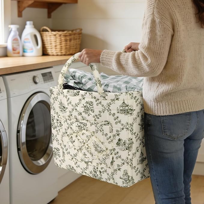 Quilted Fabric Basket Car Storage Basket Boho Floral Laundry Hamper for Nursery Bedroom & Living Room | Organize Clothes Toys