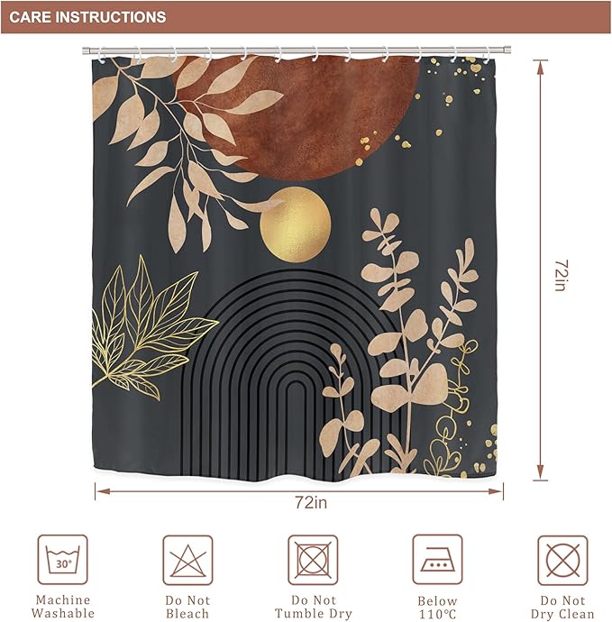 Riyidecor Mid Century Boho 4Pcs Bathroom Shower Curtain Sets Abstract Aesthetic Sun Modern Bathroom Decor Set with Rugs and Accessories Minimalist Toilet Lid Rug, Contour and Bath Mat with 12 Hooks