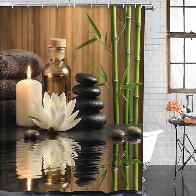 ArtSocket Green Bathroom Set with Shower Curtain and Rugs and Accessories, Bamboo Stones spa Oil Shower Curtain Set, Modern Zen Bathroom Decor 3 Pcs