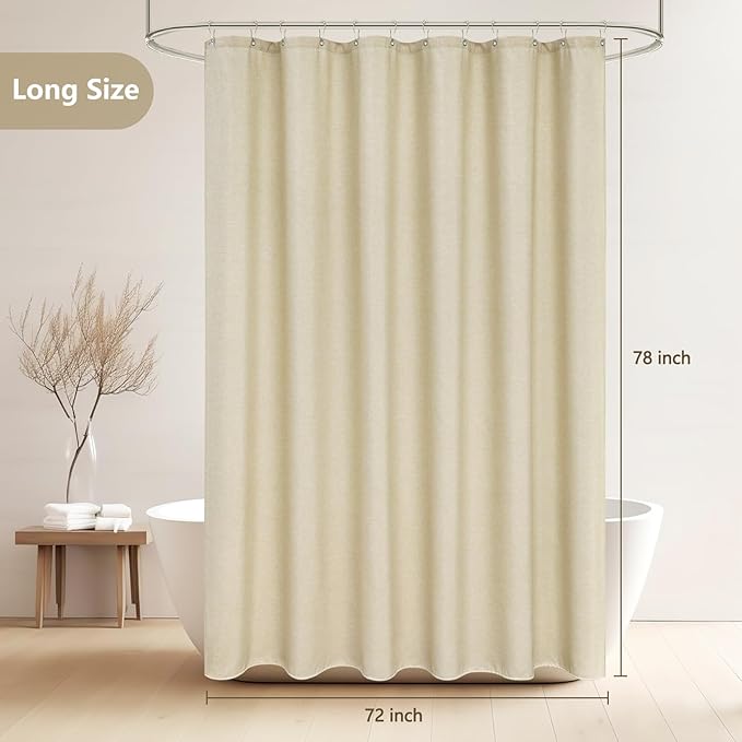 Linen Look Beige Fabric Shower Curtain Extra Long 72 x 78 Inch, Heavy Duty Faux Linen Textured Shower Curtain Long Water-Resistant, Rustic Cream Bathroom Shower Curtains Wrinkle-Free