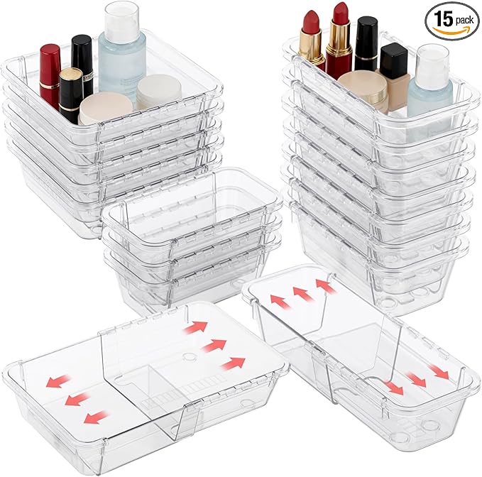 15 Pcs Extendable Clear Bathroom Drawer Organizer Trays 2-Size Adjustable Vanity Storage Box for Makeup Cosmetic Bedroom and Gadgets