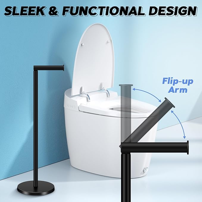 TACGEA Toilet Paper Holder Stand, Bathroom Toilet Paper Roll Holder Stainless Steel Free Standing, Storage for 4 Rolls of Paper, Black Set of 2