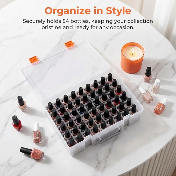 ALCYON 54-Bottle Nail Polish Organizer Case - Professional Clear Storage Box with Shockproof Sponge Foam - Secure Travel Bag for Beetles, for Essie - Prevents Glass Breakage Organized (Black, For 54)