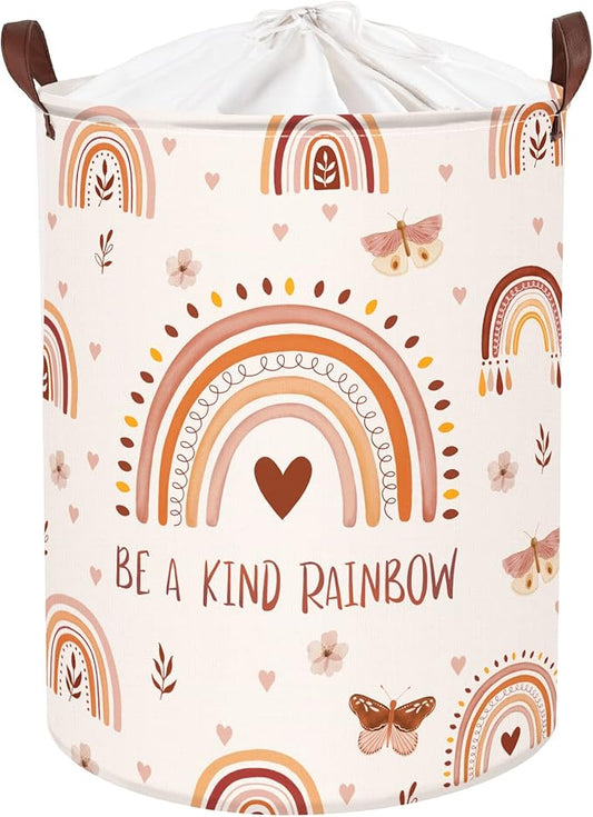 Clastyle 45L Boho Rainbow Laundry Hamper with Handle Drawstring Waterproof Butterfly Flowers Pink Laundry Basket Round Clothes Toys Heart Basket for Nursery Room