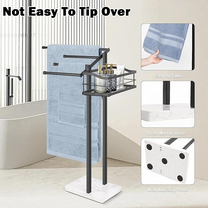 HarJue Towel Rack for Bathroom, 36” H Towel Holder Stand, Bath Towels Sheet Holder with Marble Base, Standing Rack for Home Pool Outdoor Floor, Store Family Member Towels (Black, 36” H-Basket)