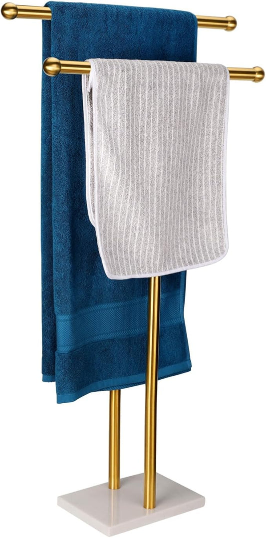 WAYDELI Standing Towel Rack Double-T Shape Tall Bath Towel Sheet Holder with Marble Design Base for Bathroom 2 Tier Towel Holder Stand Stainless Steel (Brushed Gold)