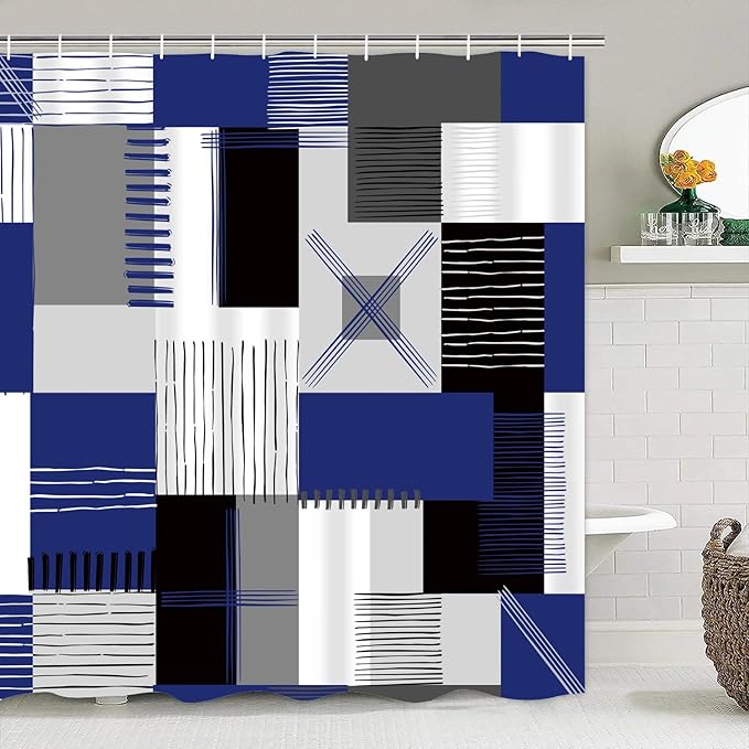 All Smiles Blue Shower Curtain Sets with Non-Slip Rugs,Toilet Lid Cover and Bath Mat, Black and Gray Bathroom Decor Set Accessories Waterproof Shower Curtains