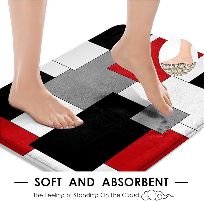 Red Geometric Shower Curtain Set with Toilet Lid Cover and Non-Slip Rugs for Bathroom, Black White Grey Checkered 4 Pcs Shower Curtain, Modern Abstract Bathroom Set with 12 Hooks