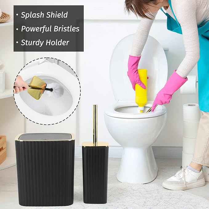 Bathroom Accessories Set - 21PCS Black Bathroom Set with Blue Shower Curtain, Rugs, Trash Can, Soap Dispenser, Soap Dish, Toilet Brush, Toothbrush Holder, Tumbler Cup, Tissue Box, Q-tip Holders