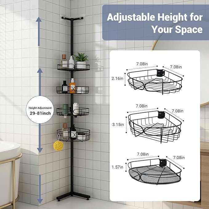 Standing Shower Caddy, 4-Tier Adjustable Height Bathroom Organizer, 6-Section Pole, Sturdy Floor Standing Shelf for Shower or Bathtub – No Drilling, No Spring Tension