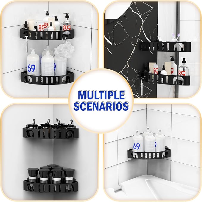 Adhesive Corner Shower Shelf No Drill | Rust-Proof Aluminum Alloy Stick On Bathroom Organizer with Shaving Holder for Shampoo, Conditioner, Soap, Razors Black 3Pack