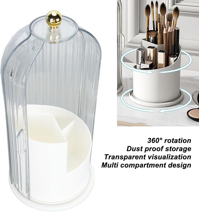 PerGar Makeup Brush Holder, Makeup Brush Holder Organizer, 360 Rotating Clear Dustproof Makeup Brushes Organizer, Makeup Brush Holder Organizer with Lid for Vanity Desktop (White Base