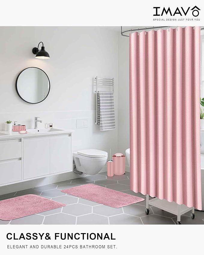 IMAVO Pink Bathroom Accessories,Non Slip Absorbent Bathroom Rugs and Waterproof Shower Curtain with Hooks,Complete Bathroom Set for Bathroom Décor