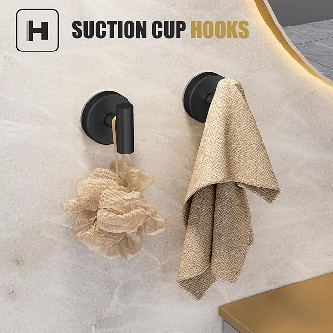 Matte Black Suction Cup Bathroom Accessories Set,Towel Racks for Bathroom,5 Piece Bathroom Hardware Set Restroom Accessories,Includes 24 inch Towel Bar,Towel Ring,Toilet Paper holder,Suction Cup Hooks