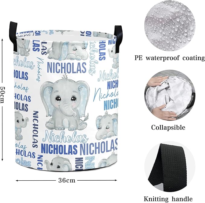 Large Custom Name Laundry Hamper, Elephant Personalized Dirty Clothes Hamper Storage Basket with Name for Bathroom Bedrooms, Customized Name Circular Hamper with Handles for Baby Boys Girls Men Women