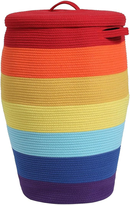26" x 20" Handcrafted Tall Cotton Rope Basket with Lid, Stylish Flagon Shape with Cover, Clothes Hamper with Top, for Bedroom and Living Room, Rainbow