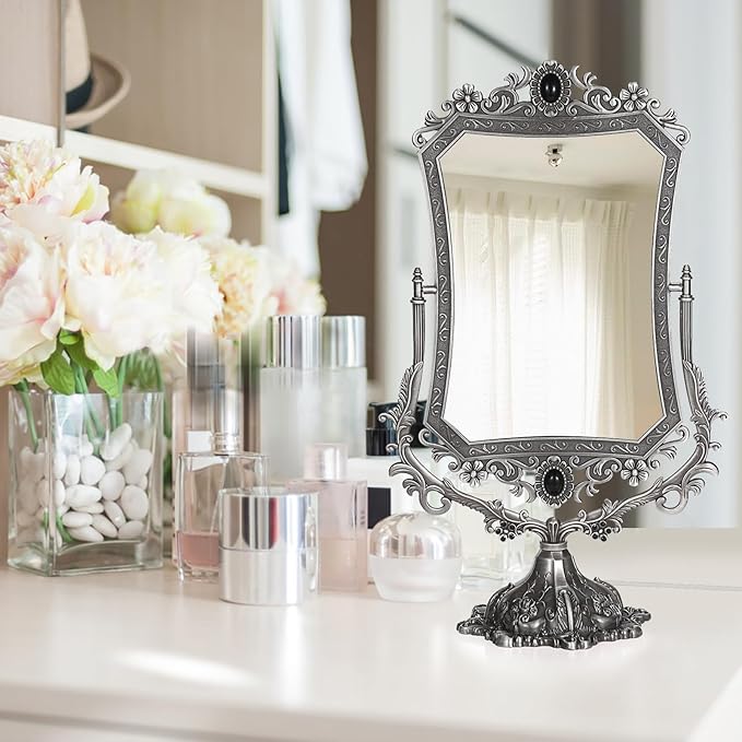 JUXYES Metal Tabletop Antique Decorative Makeup Mirror with Stand, Vintage 360° Swivel Double Sided Cosmetic Mirror with Frame, Retro Desktop Dressing Mirror Magic Mirror for Dresser