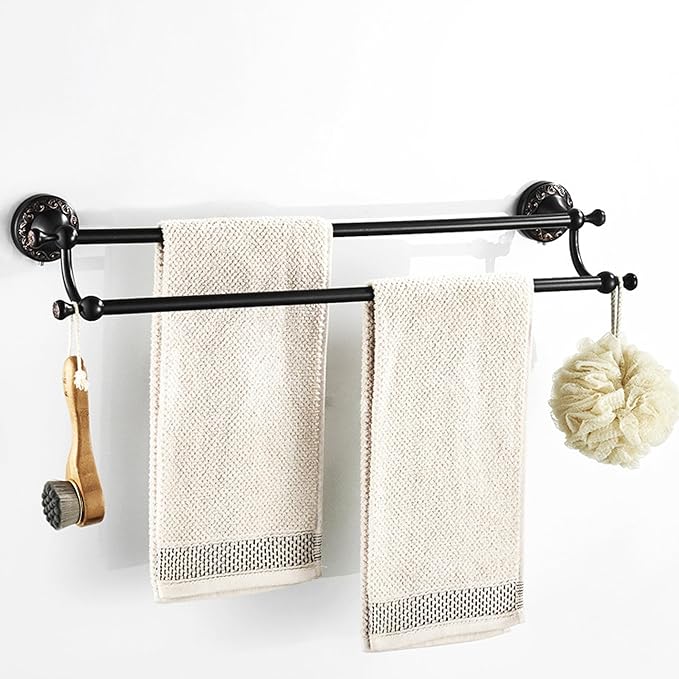 Oil Rubble Bronze Brass Double Towel Bar, Adjustable 15.5 to 27.5 Inch Bath Towel Bar Rack for Bathroom Towel Holder, Wall Mounted Black Bathroom Hardware Accessories,Pattern Carving Design