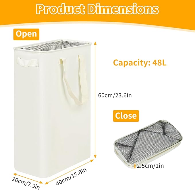 Slim Laundry Hamper, 48L Ultra Thin Collapsible Laundry Basket with Handles, Foldable Basket Laundry Bag Dirty Clothes Hamper for Bathroom Bedroom(Beige)