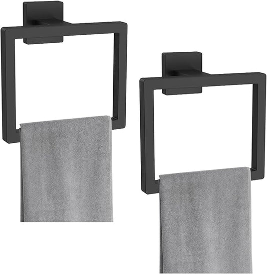 Square Towel Ring for Bathroom, Matte Black Hand Towel Holder Wall Mount, Modern Towel Ring for Guest Bath, Black Bathroom Hardware, Towel Rings for Wall, Rust-Proof Finish 2Pcs