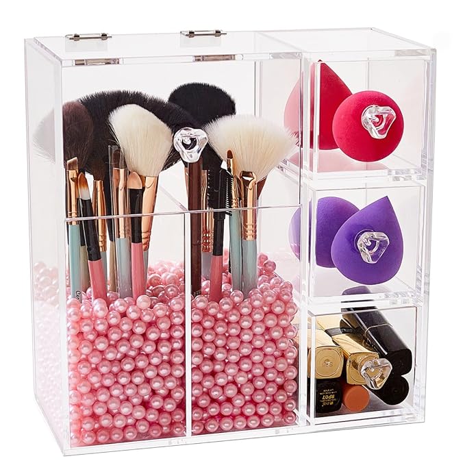 Clear Acrylic Covered Makeup Brush Holder with Dustproof Lid, 3 Drawers, Pearls Beads for Cosmetics Brushes Storage (Pink)