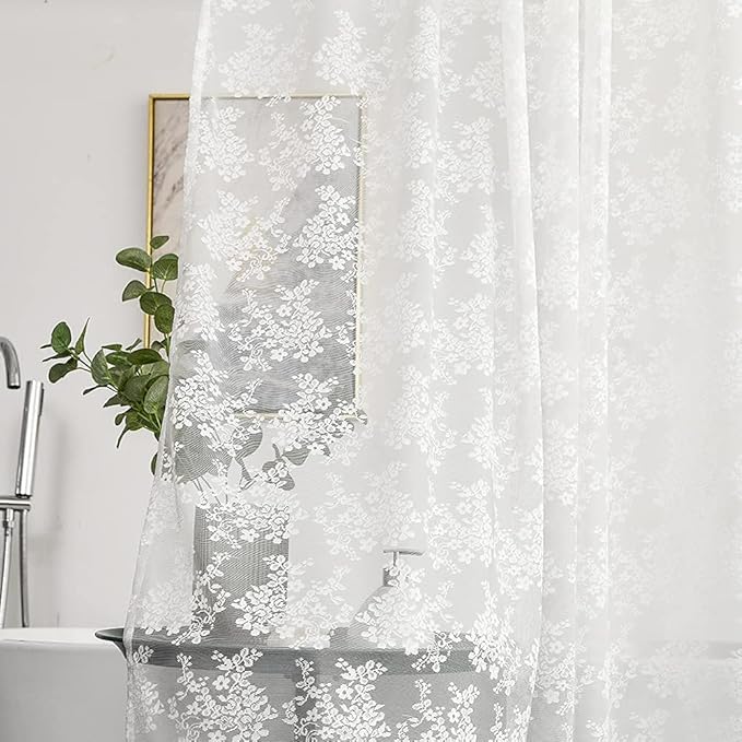YJ YANJUN White Lace Shower Curtain - Victorian Shower Curtain with Attached Valance, Floret Lace Shower Curtain for Bathroom Scalloped Edge, 72 x 72 Inch, 1 Panel