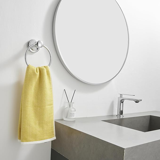 BESy Polished Chrome Bathroom Hand Towel Ring Towel Holder, Rustproof Wall Mounted Bathroom Hardware Accessory SUS 304 Stainless Steel Towel Rack