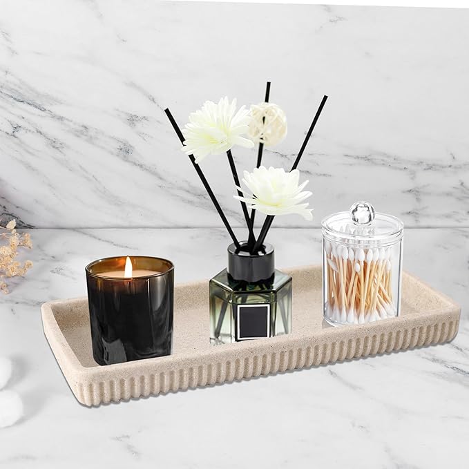 XLHOMO Resin Beige Bathroom Accessories Set 5 Pcs, Lotion Soap Dispenser, Toothbrush Holder, Bathroom Tumbler, Qtip Holder and Vanity Tray, Bathroom Countertop Organizer Set for Modern Home Apartment