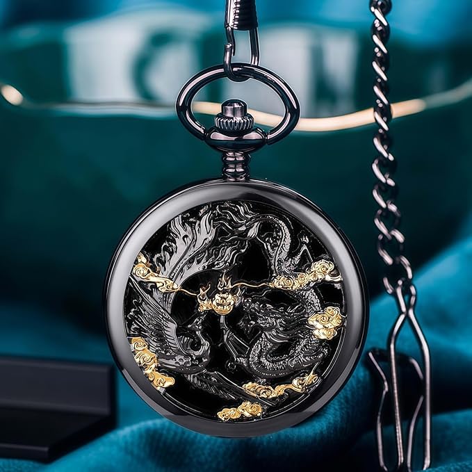 ManChDa Scrying Mirror Black Obsidian Mirror Lucky Dragon & Phoenix Pocket Watch Shell Witchcraft Kit Wiccan Supplies and Tools Witchy Gifts, Black Gold