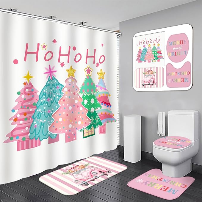 Drydiet 4 Pcs Christmas Shower Curtain Set Bathroom Decoration Non Slip Rugs Mat Toilet Lid Cover Shower Curtain for Xmas Holiday Farmhouse Home Bathroom Decor(Pink Christmas)