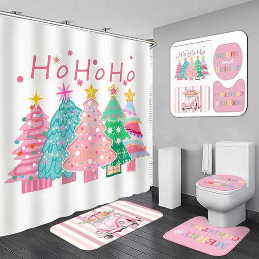 Drydiet 4 Pcs Christmas Shower Curtain Set Bathroom Decoration Non Slip Rugs Mat Toilet Lid Cover Shower Curtain for Xmas Holiday Farmhouse Home Bathroom Decor(Pink Christmas)