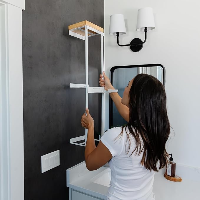 Over The Door/Wall Mounted Towel Rack - Modern Door & Wall Towel Holder for Rolled Towels with Hair Slot Dryer & Multipurpose Cup Holder - Hanging Towel Rack for Bathroom Holds 6 Large Towels - White
