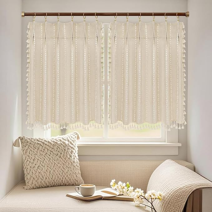 Beige Boho Farmhouse Window Curtain with Tassels, 30 x 36 Inch Light Filtering Sheer Short Cafe Window Curtain Tier, Linen Textured Pleated Small Window Drape for Kitchen or Bathroom, 1 Panel
