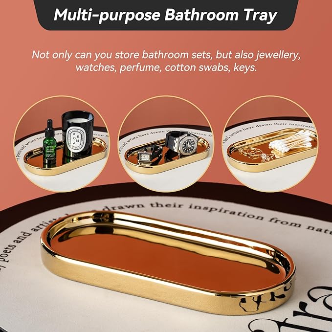 Gold Bathroom Accessories, 3pcs Ceramic Bathroom Set with Toothbrush Holder,Soap Dispenser, Bathroom Tray, Complete Bathroom Decor and Acessories Set
