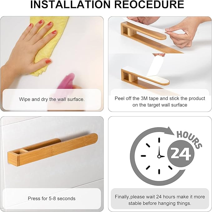 Self Adhesive Bamboo Towel Holder -- No Drilling Hand Towel Ring Strong Hold Self Adhesive Bathroom Towel Bar Bamboo Towel Rack Sticky Towel Hanger for Kitchen Living Room Bedroom