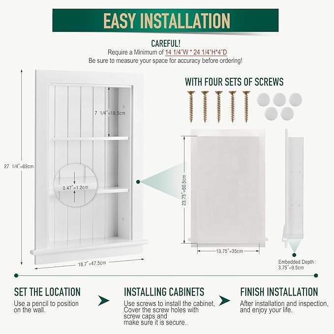 14 x 24 Medicine Cabinet Recessed, Wall Niche, Bathroom Wall Cabinet, 3-Tier, Between Studs Shelving for Drywall, White