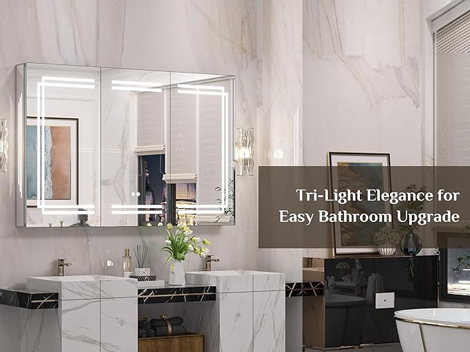Keonjinn 48 x 32 Inch Large Medicine Cabinet with Lights, LED Medicine Cabinet Mirror for Bathroom, Adjustable Shelves, Tempered Glass, No Outlets, Dimmable, 3 Color Lights, Anti-Fog, Wall Mount Only