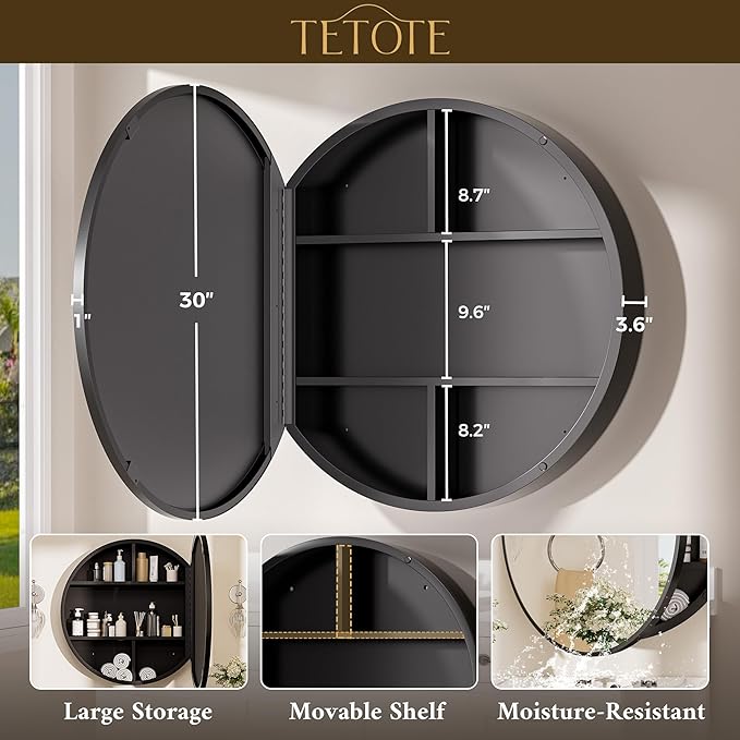 TETOTE Bathroom Mirror Cabinet 30 x 30 Black Round Bathroom Medicine Cabinet with Mirror Adjustable Shelves Farmhouse Wall Mirror with Storage Surface Mounted