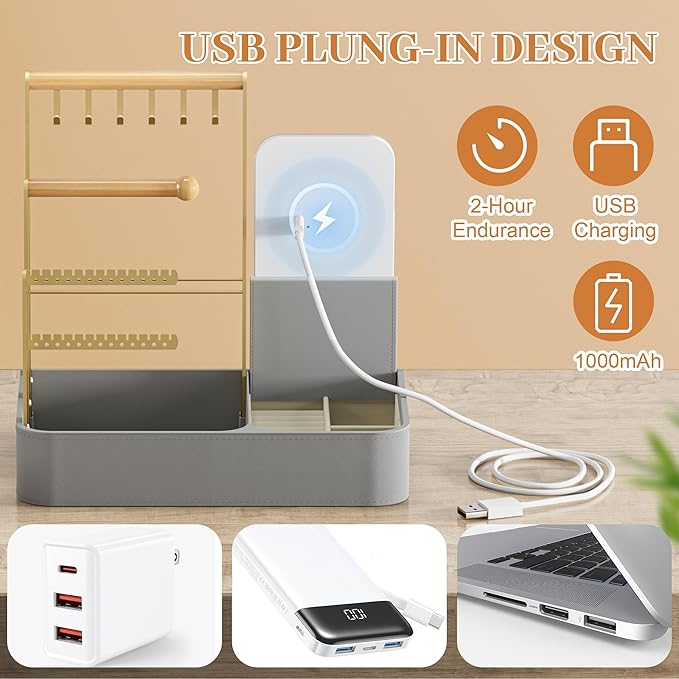 Vanity Mirror with Lights & 4 Tiers Jewelry Holder Organizer, Jewelry Display Stand for Bracelet, Necklace, Earrings, Rings, 1000mAh 3-Color Lighting Makeup Mirror, Light Gray