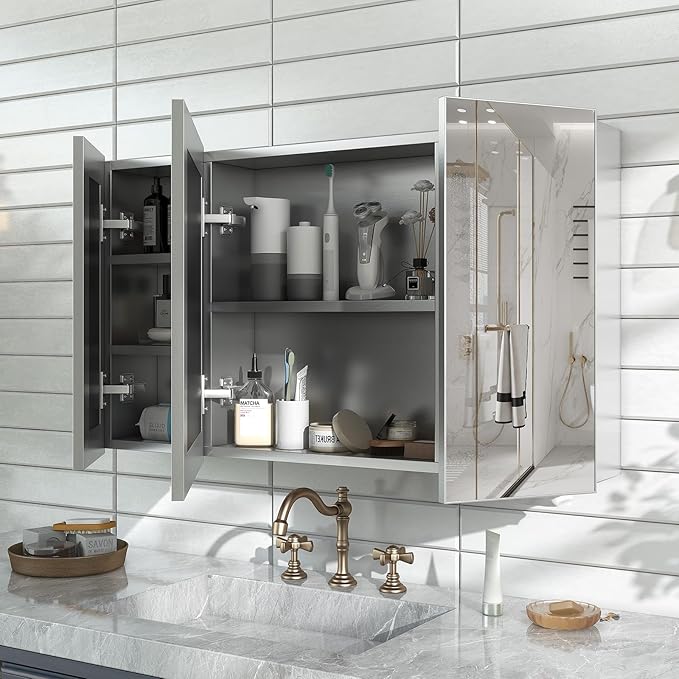 24x40 Inch Bathroom Medicine Cabinet with Mirror, Pre-Assembled Bathroom Medicine Cabinets, Surface/Recessed Wall Mounted Farmhouse Large Medicine Cabinet, Sliver