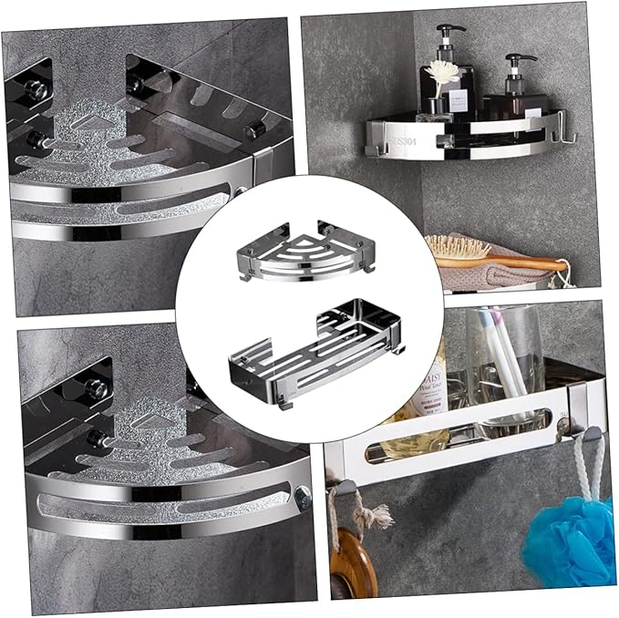 2Pcs Bathroom Shelf No Drill Corner Storage Rack with Hooks Modern Minimalist Design for Kitchen Bathroom High Load Bearing Tripod